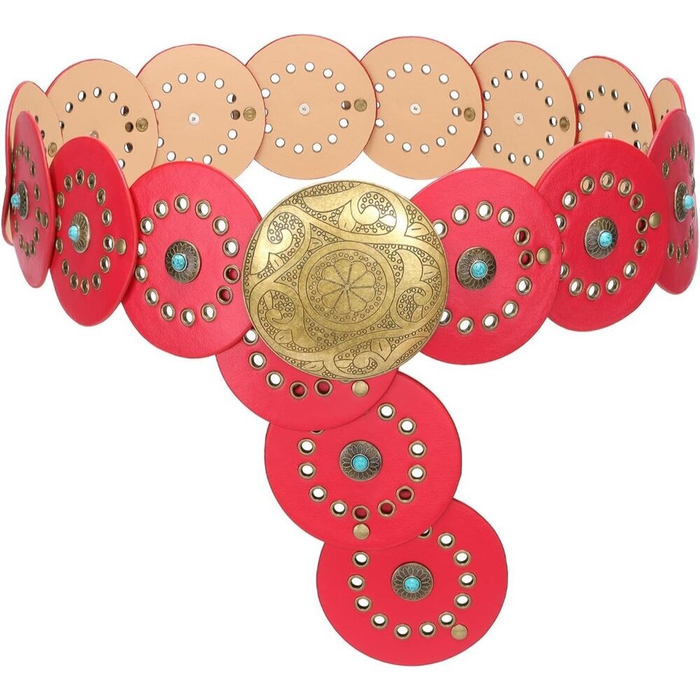 Woman's Western PU Leather Belts Concho Disc Wide Waist Belt Red Bronze Buckle